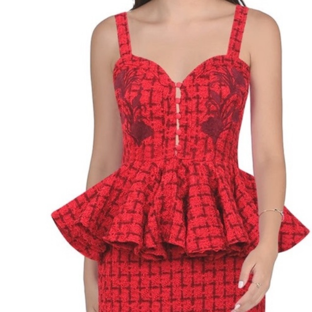 NWT FANM MON Red tweed peplum Midi Dress size medium - Picture 3 of 14